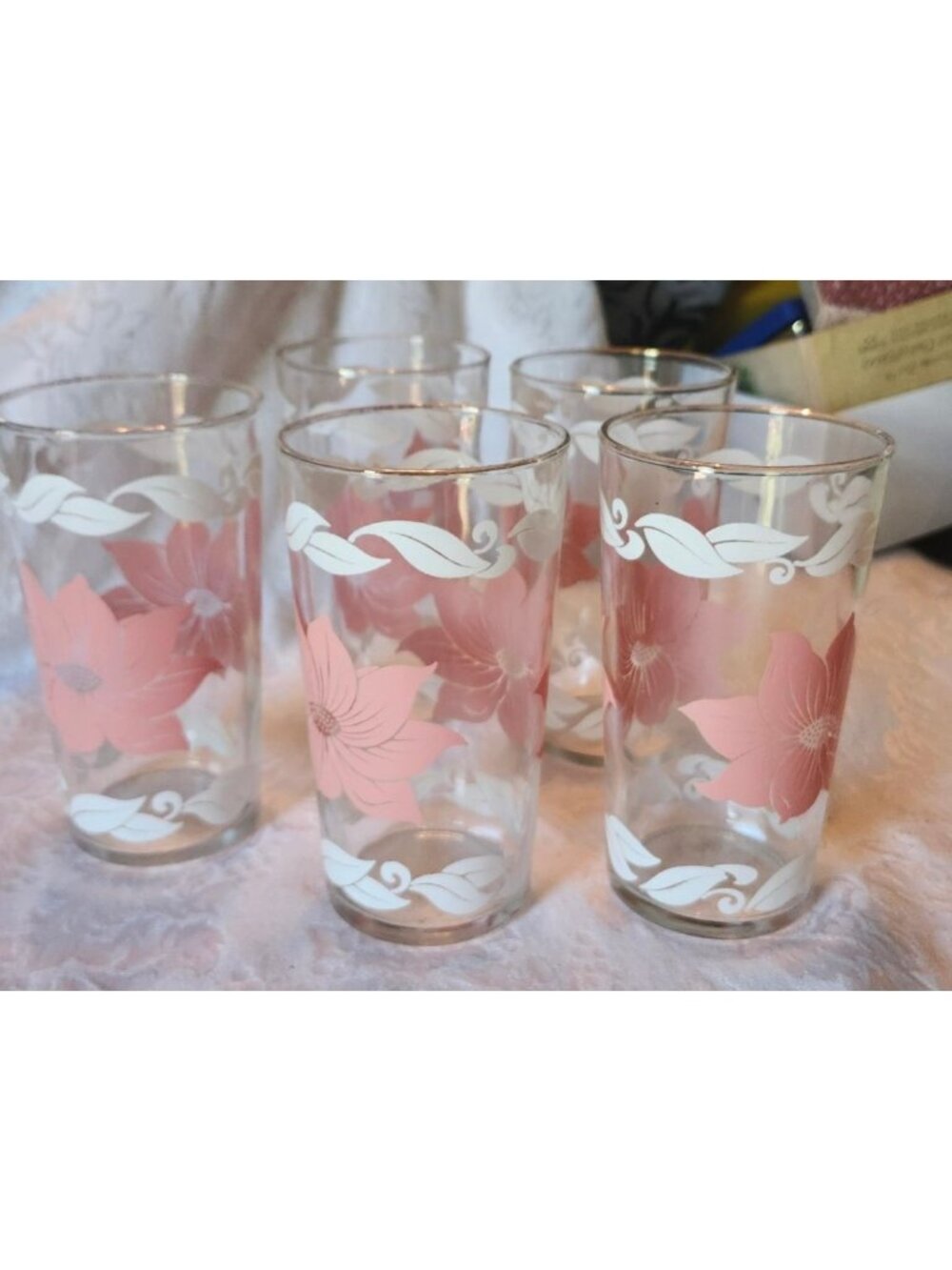 Vintage Pink & White Hibiscus Glass Tumblers Set Of 5 5-Inch Tall Floral Design - Picture 2 of 10